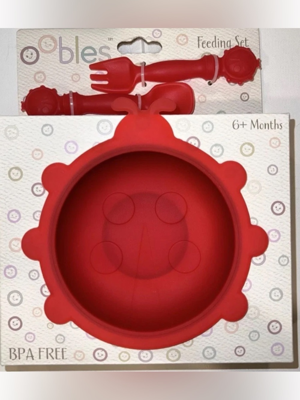 NWT Oobles Red Ladybug Silicone Baby Feeding Set Bowl Fork Spoon